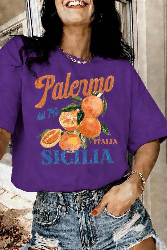Palermo Sicilya Portakal Temalı Bisiklet Yaka Pamuklu Oversize T-Shirt
