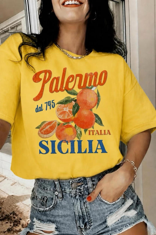 Palermo Sicilya Portakal Temalı Bisiklet Yaka Pamuklu Oversize T-Shirt