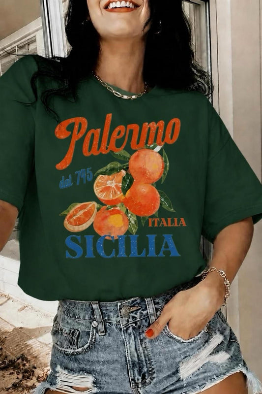 Palermo Sicilya Portakal Temalı Bisiklet Yaka Pamuklu Oversize T-Shirt