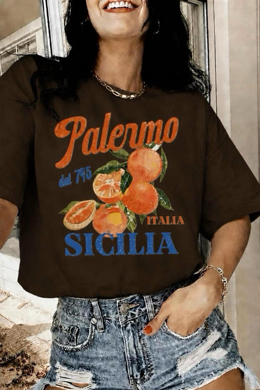 Palermo Sicilya Portakal Temalı Bisiklet Yaka Pamuklu Oversize T-Shirt
