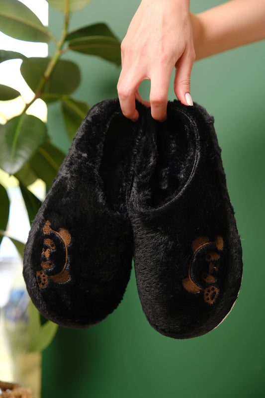Panda Nakışlı Kadın Ev Terliği Peluş Terlik Çeyiz ve Bohça Terliği Ses Yapmaz Kalın Taban
