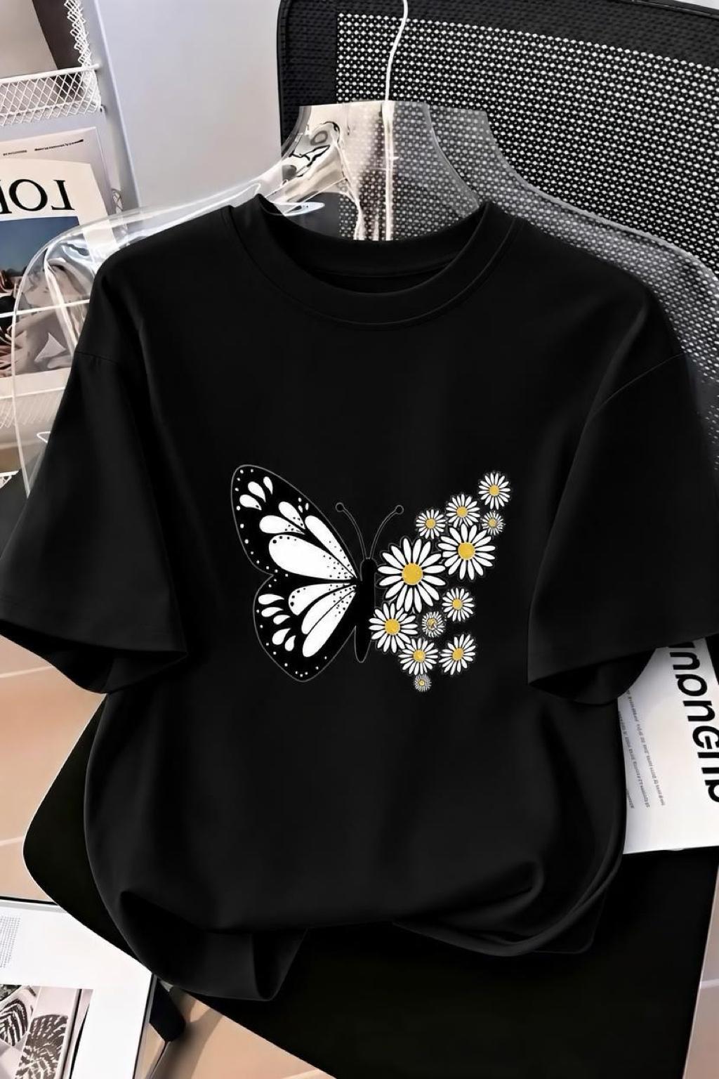 Papatya Kanatlı Kelebek Baskılı Oversize Kadın T-Shirt