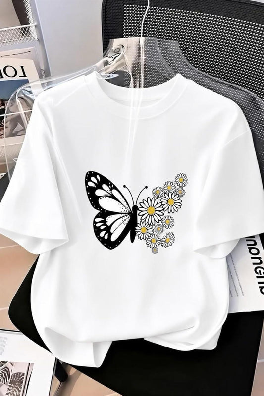 Papatya Kanatlı Kelebek Baskılı Oversize Kadın T-Shirt