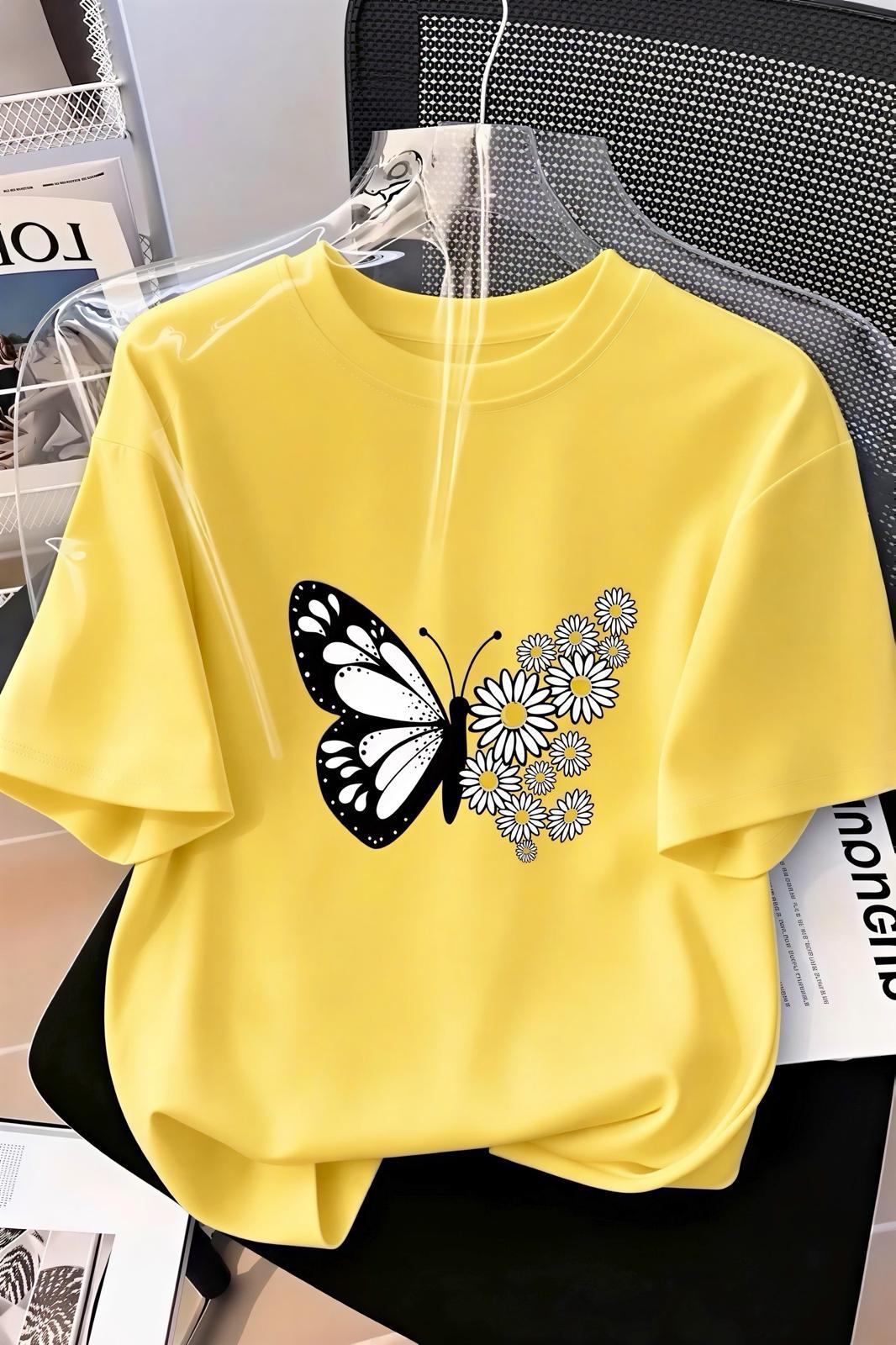 Papatya Kanatlı Kelebek Baskılı Oversize Kadın T-Shirt