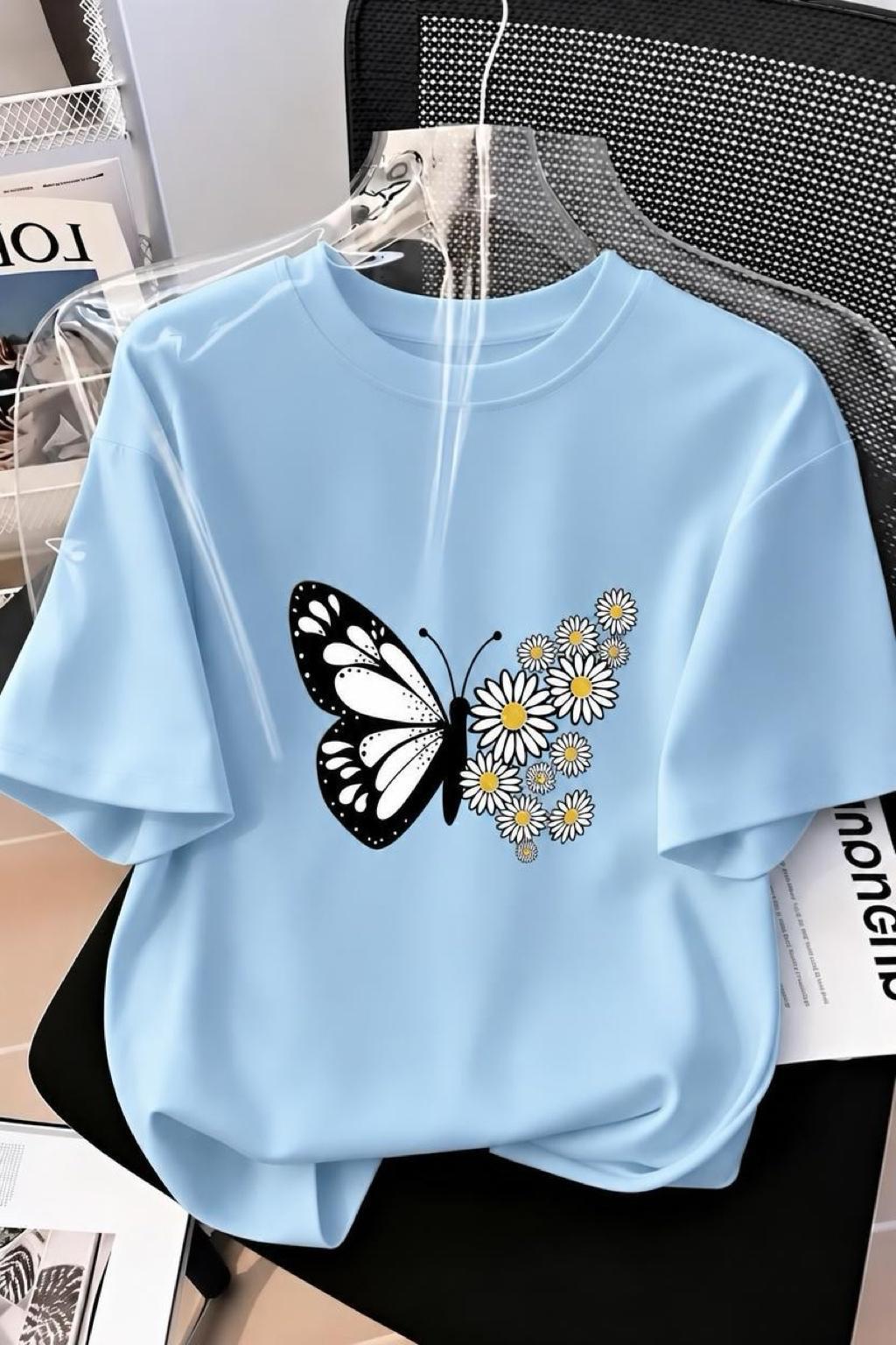Papatya Kanatlı Kelebek Baskılı Oversize Kadın T-Shirt