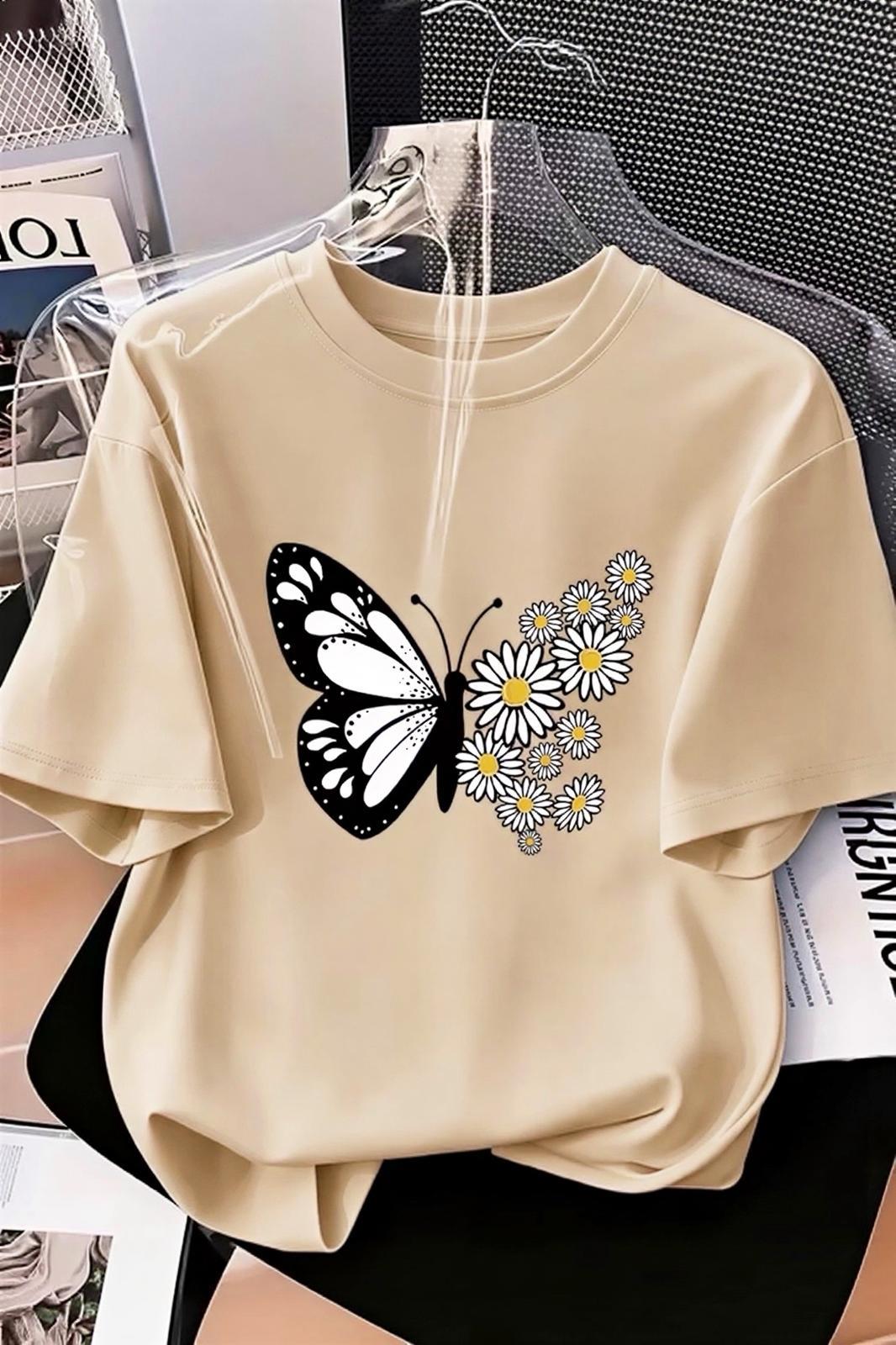 Papatya Kanatlı Kelebek Baskılı Oversize Kadın T-Shirt