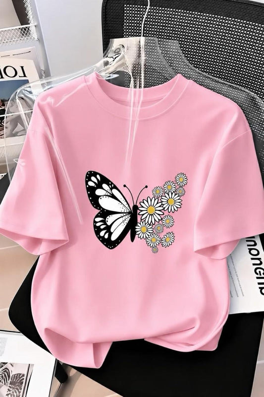 Papatya Kanatlı Kelebek Baskılı Oversize Kadın T-Shirt