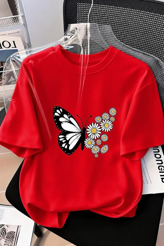 Papatya Kanatlı Kelebek Baskılı Oversize Kadın T-Shirt
