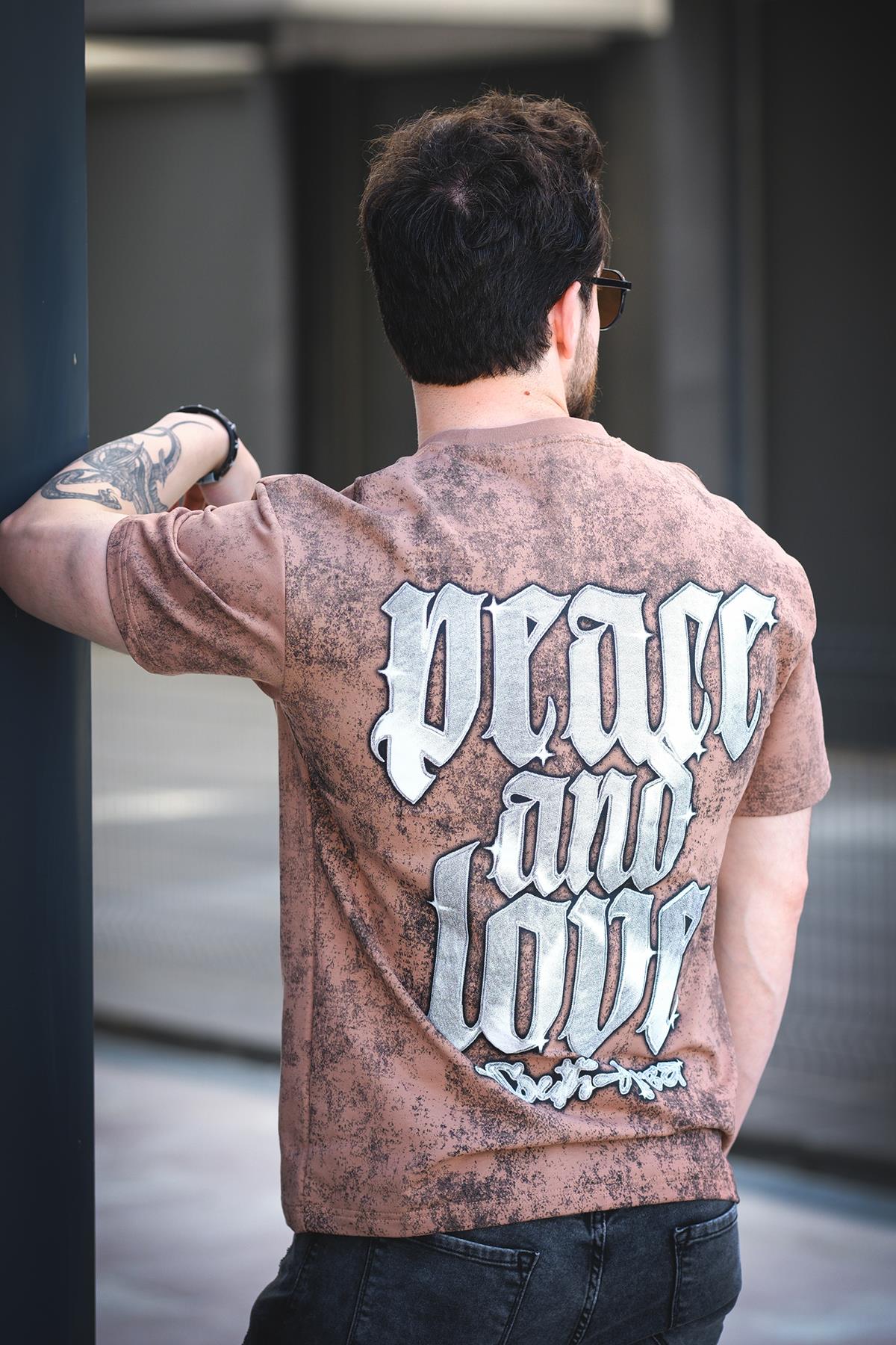 Peace And Love Yıkamalı Sırt ve Ön Baskılı Pamuklu Comfort Erkek Tshirt