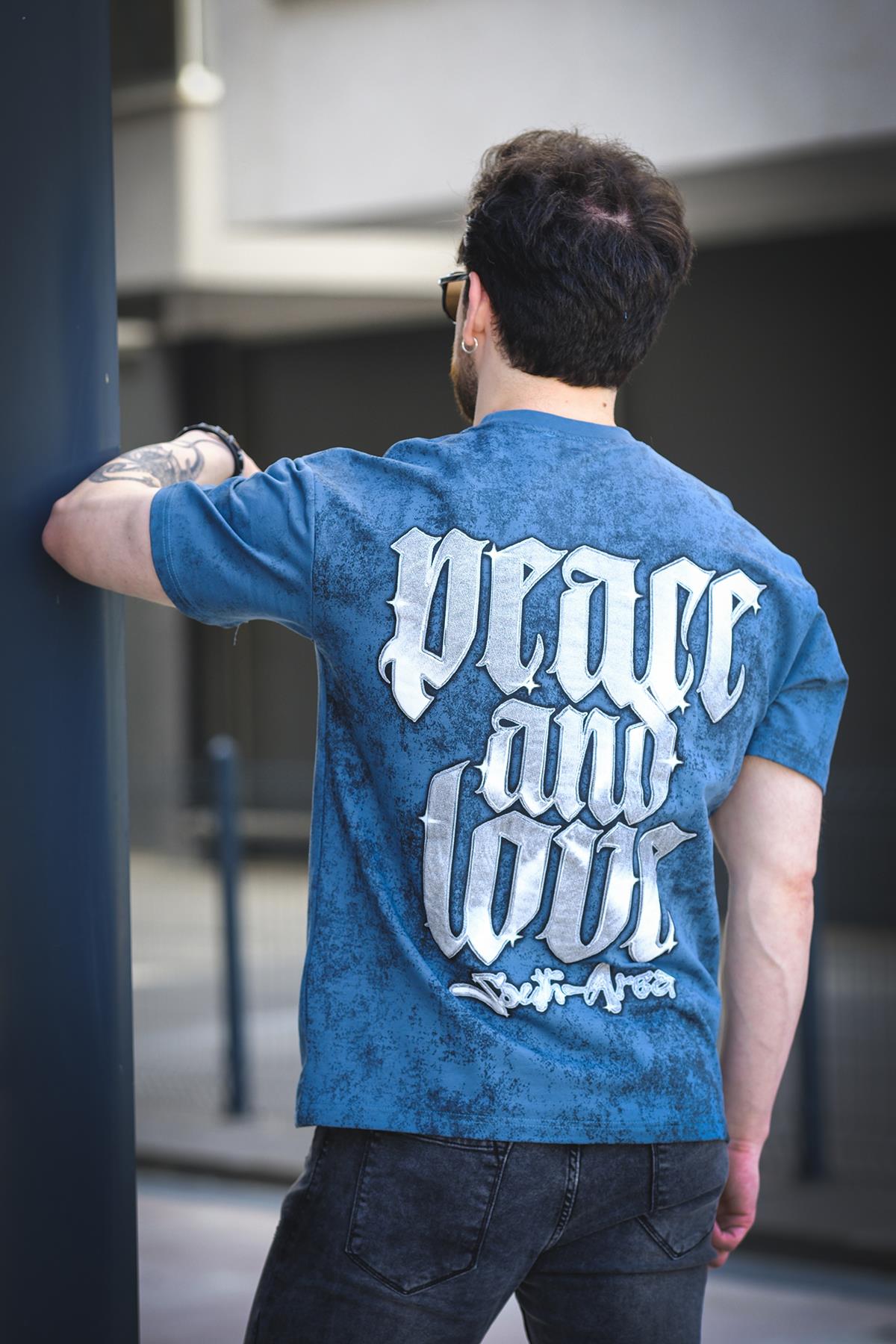 Peace And Love Yıkamalı Sırt ve Ön Baskılı Pamuklu Comfort Erkek Tshirt
