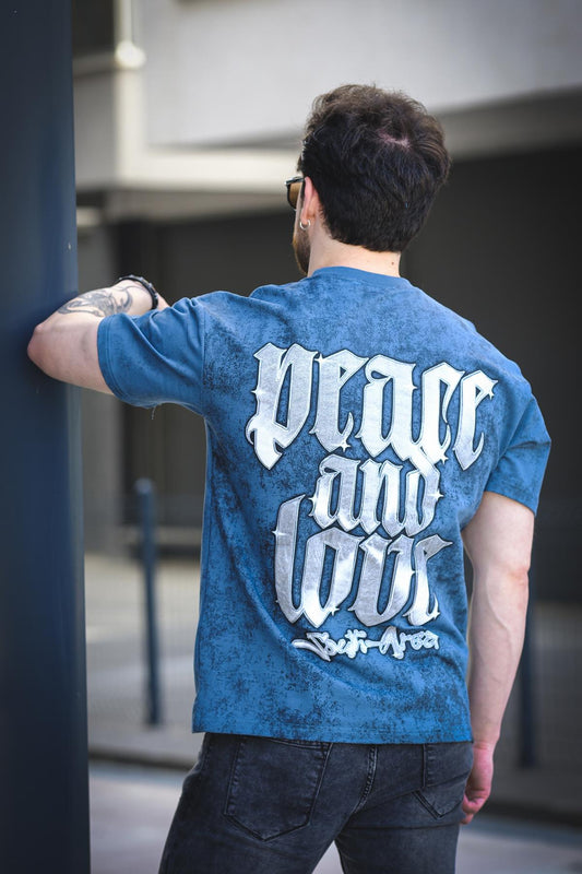 Peace And Love Yıkamalı Sırt ve Ön Baskılı Pamuklu Comfort Erkek Tshirt