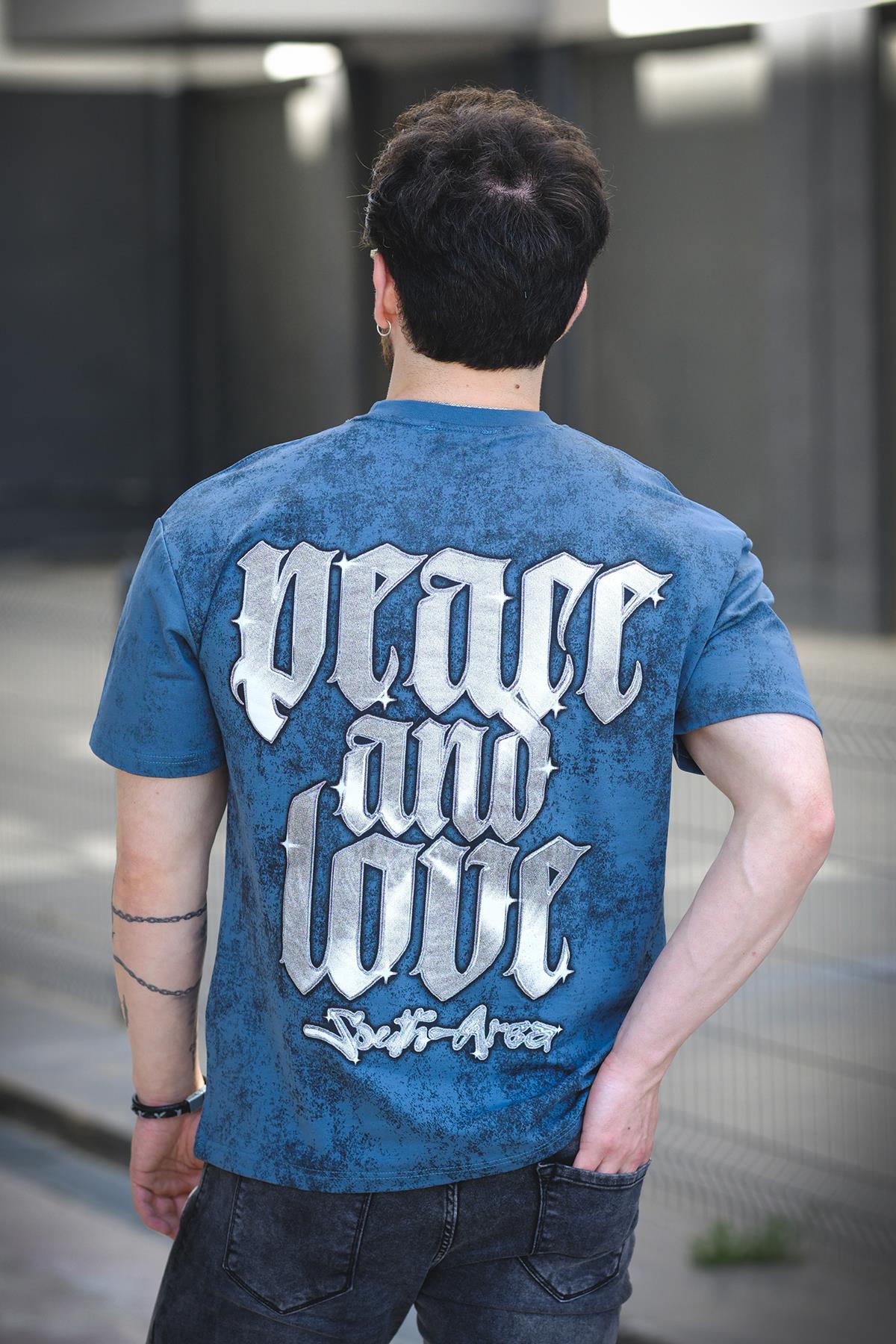Peace And Love Yıkamalı Sırt ve Ön Baskılı Pamuklu Comfort Erkek Tshirt