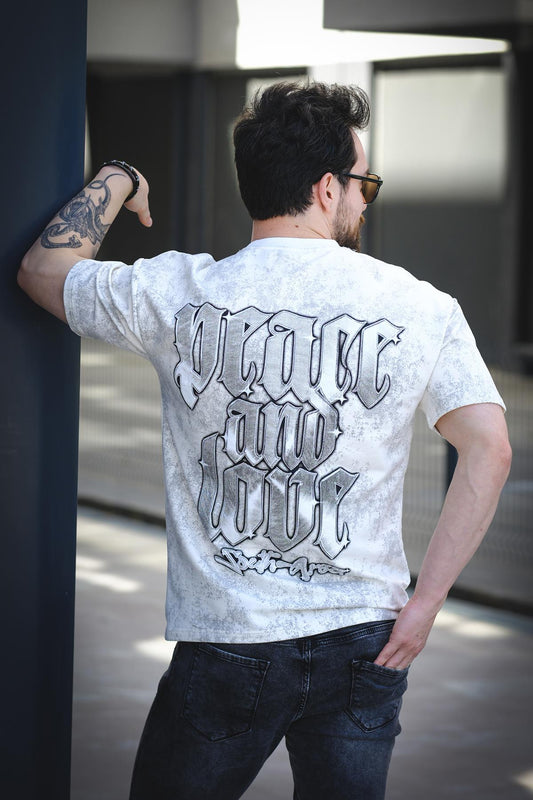 Peace And Love Yıkamalı Sırt ve Ön Baskılı Pamuklu Comfort Erkek Tshirt