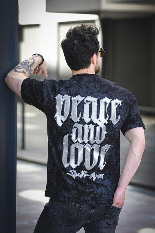 Peace And Love Yıkamalı Sırt ve Ön Baskılı Pamuklu Comfort Erkek Tshirt