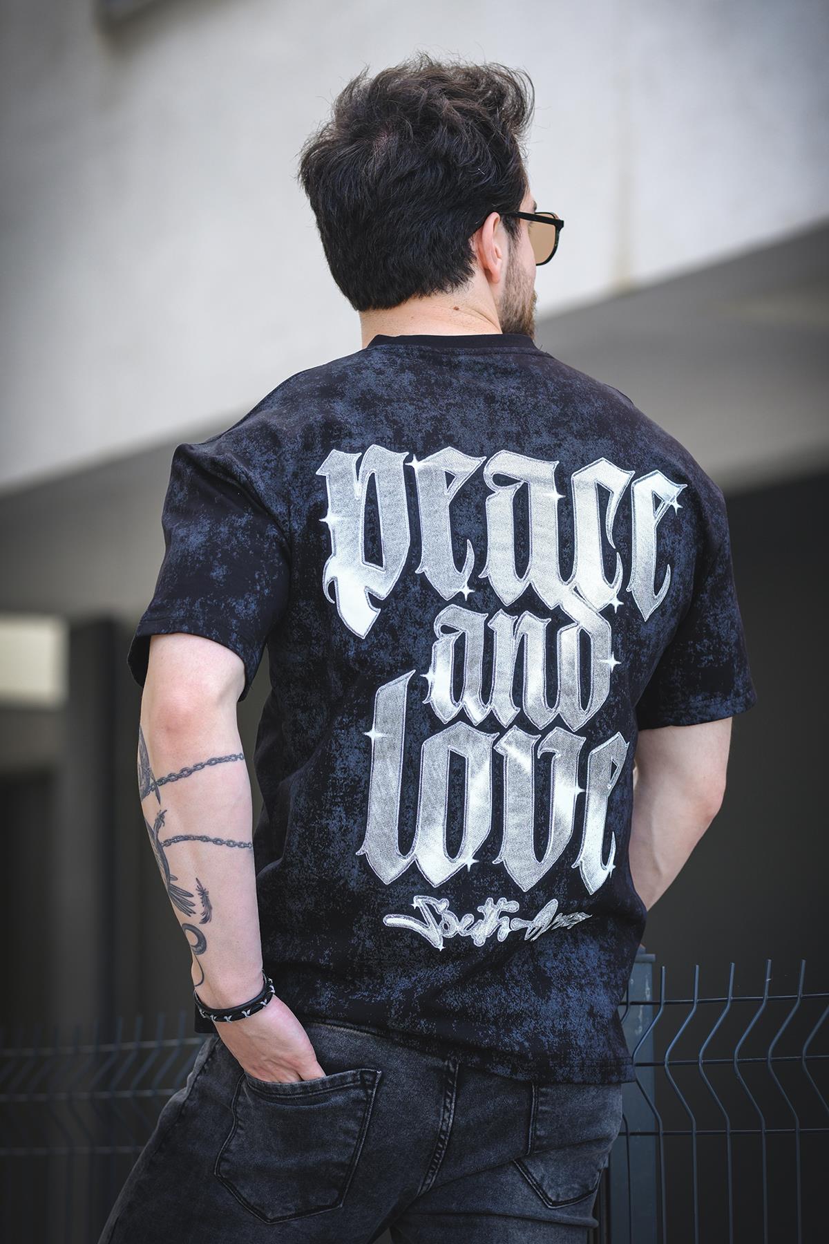 Peace And Love Yıkamalı Sırt ve Ön Baskılı Pamuklu Comfort Erkek Tshirt