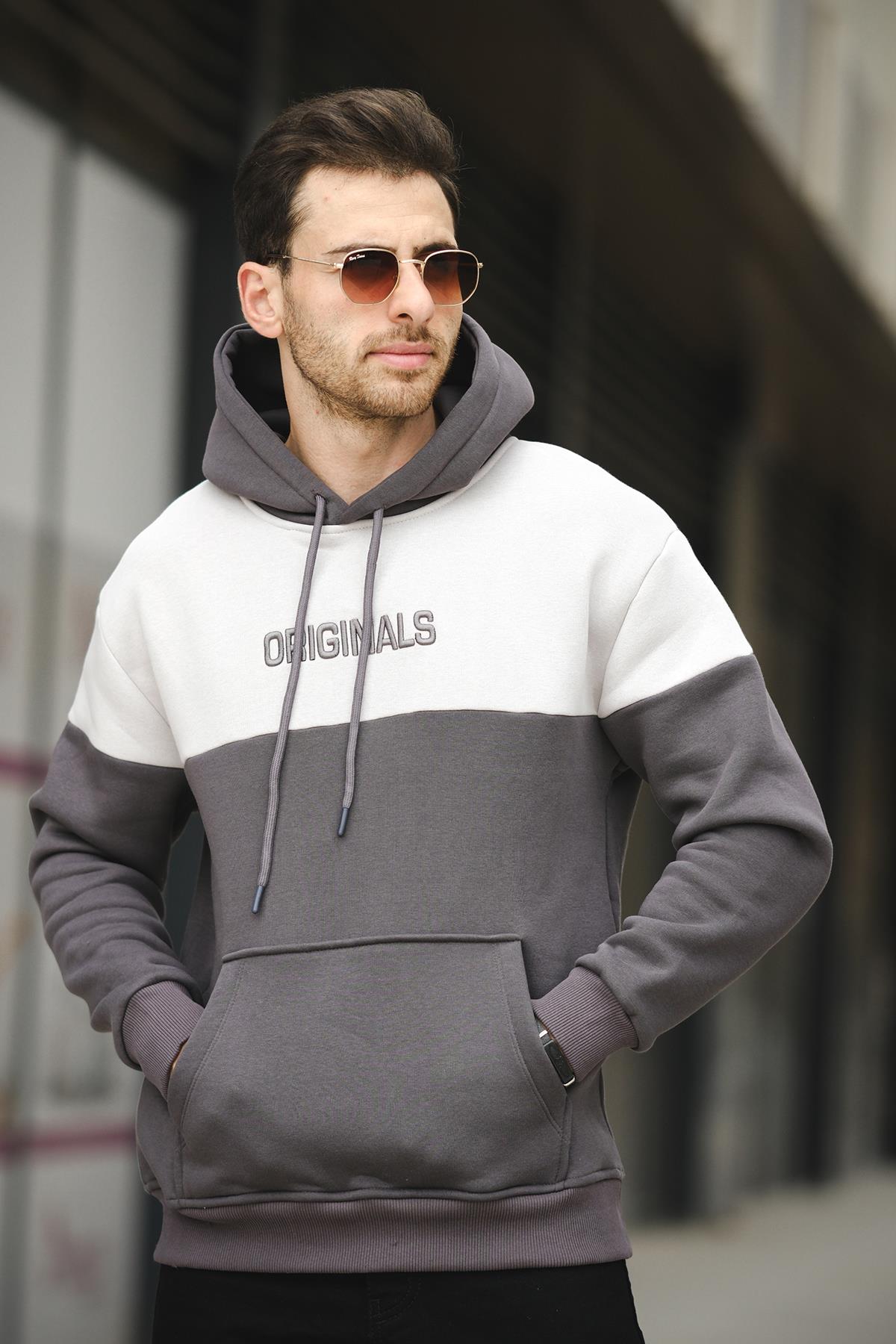 Perez Nakışlı Üç İplik Pamuklu Parçalı Kapüşonlu Erkek Sweatshirt