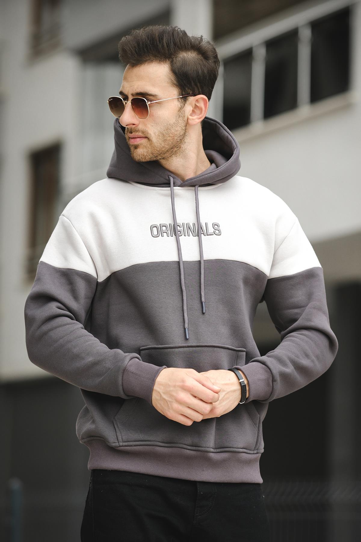 Perez Nakışlı Üç İplik Pamuklu Parçalı Kapüşonlu Erkek Sweatshirt