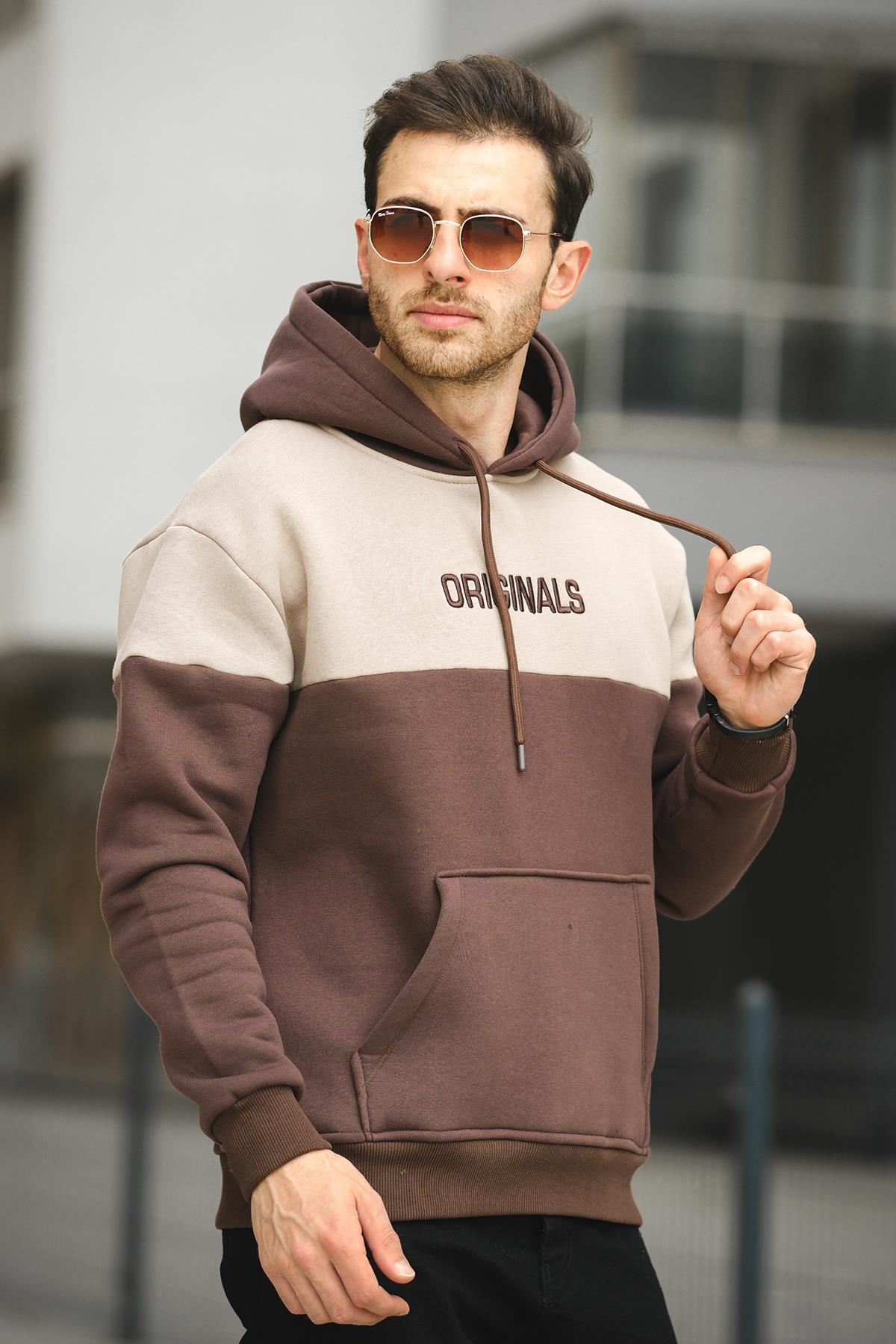 Perez Nakışlı Üç İplik Pamuklu Parçalı Kapüşonlu Erkek Sweatshirt