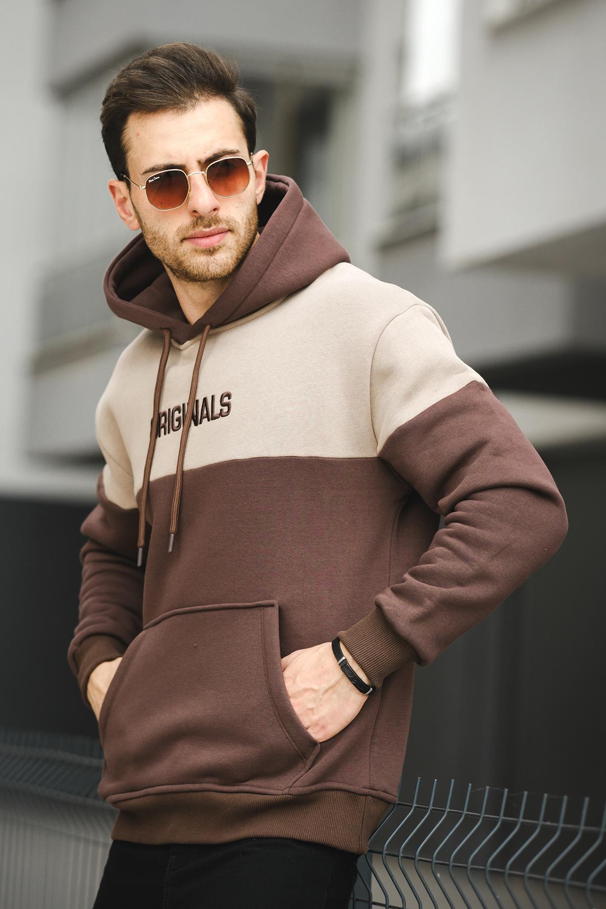 Perez Nakışlı Üç İplik Pamuklu Parçalı Kapüşonlu Erkek Sweatshirt