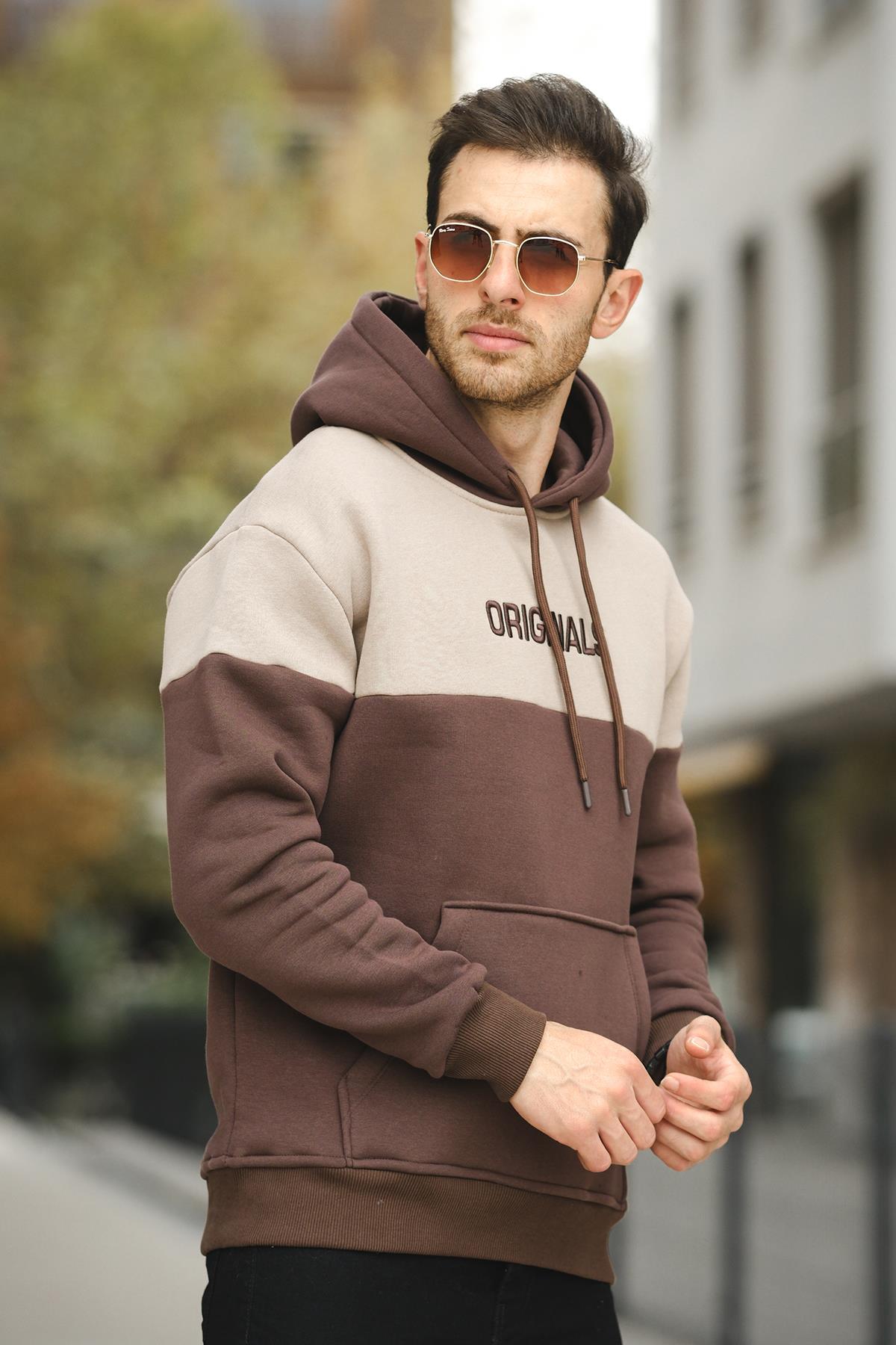 Perez Nakışlı Üç İplik Pamuklu Parçalı Kapüşonlu Erkek Sweatshirt