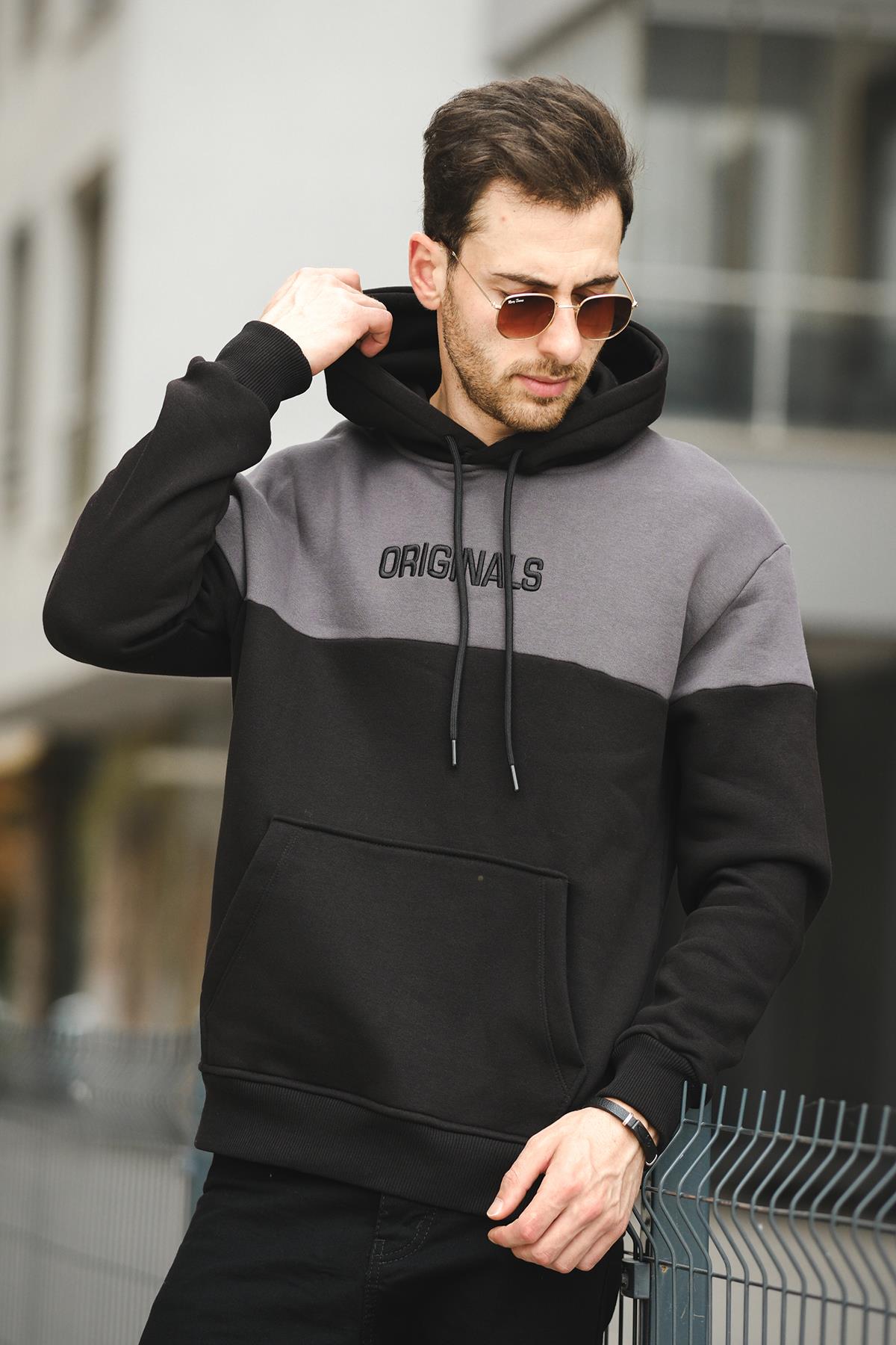 Perez Nakışlı Üç İplik Pamuklu Parçalı Kapüşonlu Erkek Sweatshirt