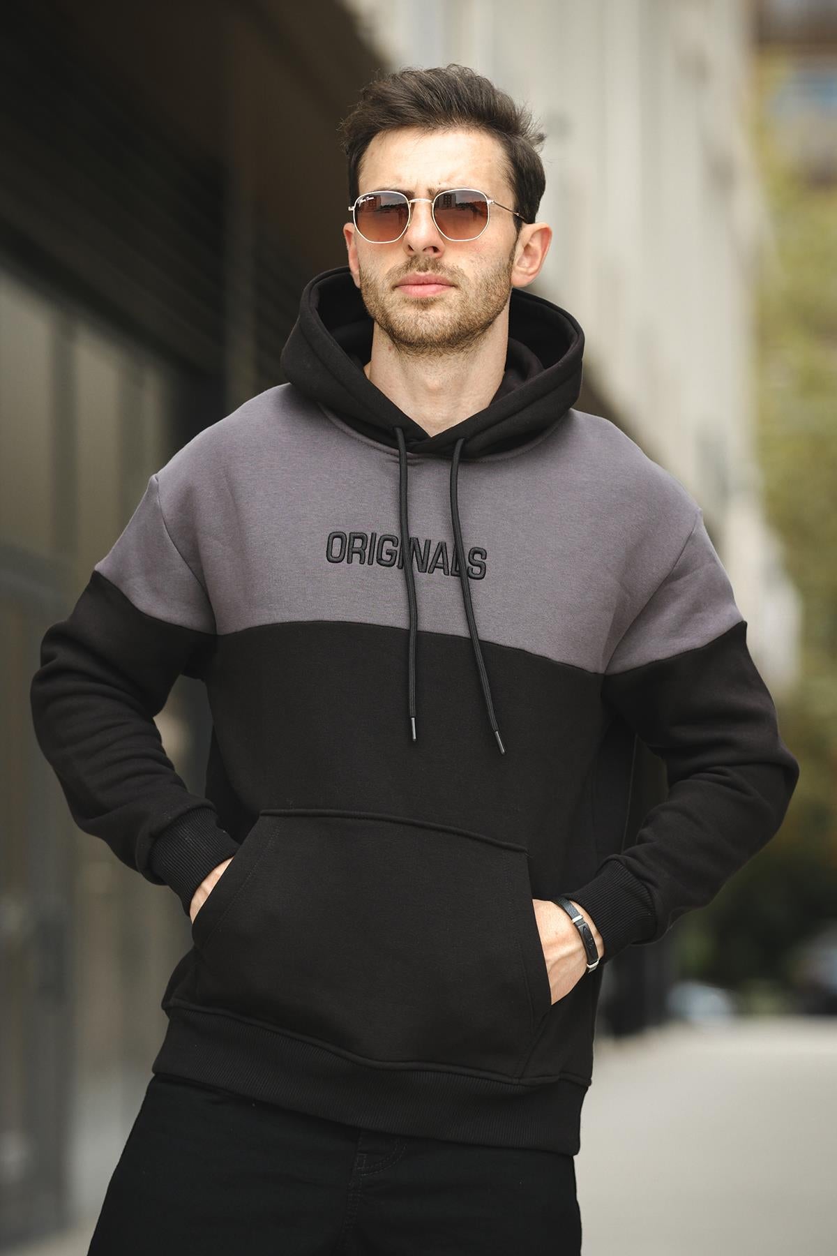 Perez Nakışlı Üç İplik Pamuklu Parçalı Kapüşonlu Erkek Sweatshirt