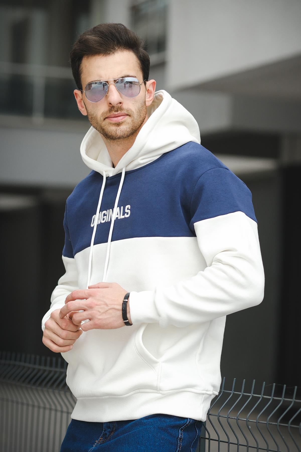 Perez Nakışlı Üç İplik Pamuklu Parçalı Kapüşonlu Erkek Sweatshirt