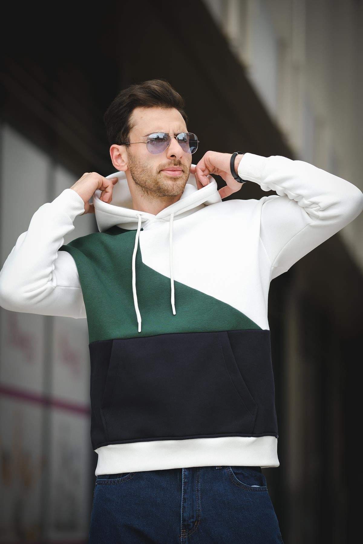 Placide Üç İplik Pamuklu Parçalı Kapüşonlu Erkek Sweatshirt