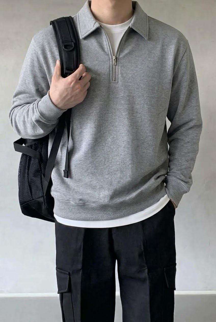 Polx Erkek Polo Yaka Fermuarlı Sweatshirt - Yarım Fermuarlı Rahat Kalıp Düz Renk Sweat