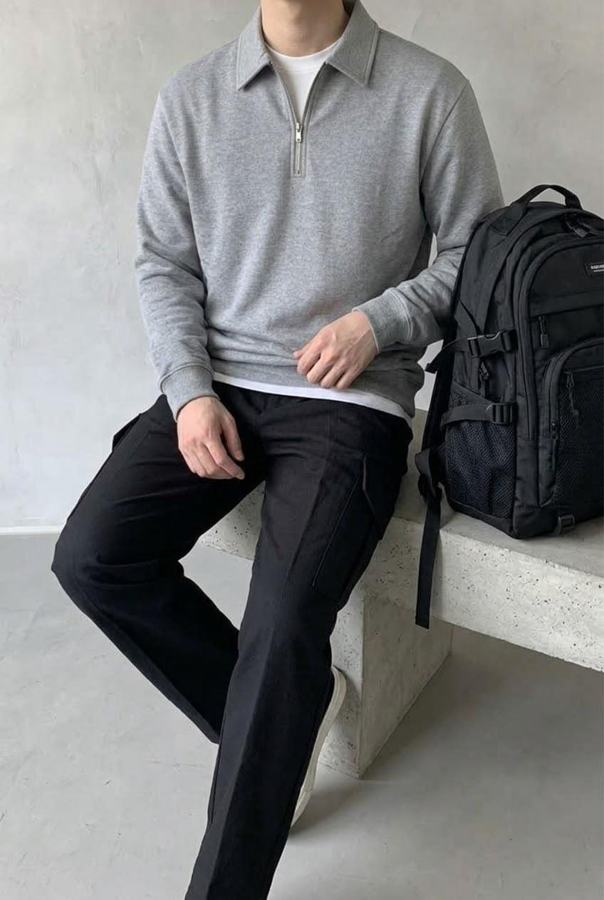 Polx Erkek Polo Yaka Fermuarlı Sweatshirt - Yarım Fermuarlı Rahat Kalıp Düz Renk Sweat