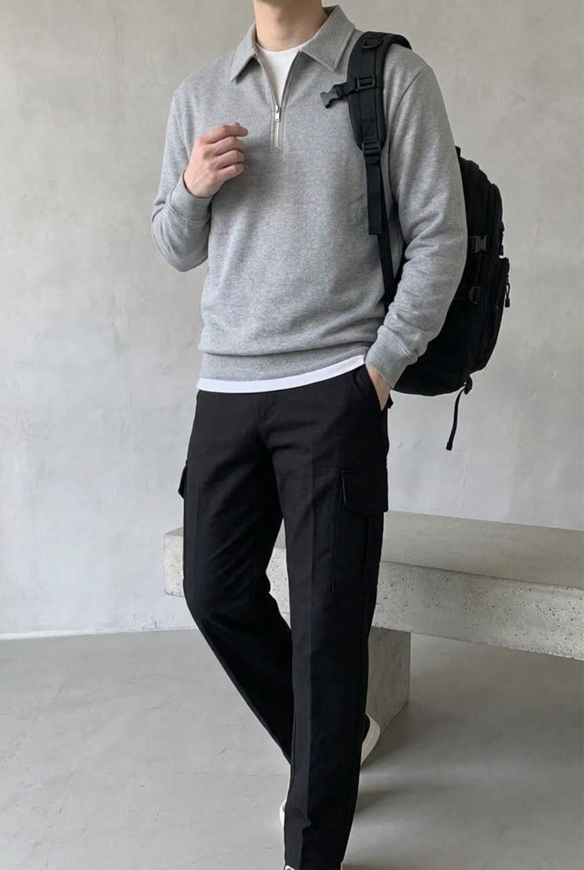 Polx Erkek Polo Yaka Fermuarlı Sweatshirt - Yarım Fermuarlı Rahat Kalıp Düz Renk Sweat