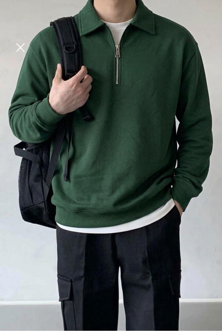 Polx Erkek Polo Yaka Fermuarlı Sweatshirt - Yarım Fermuarlı Rahat Kalıp Düz Renk Sweat