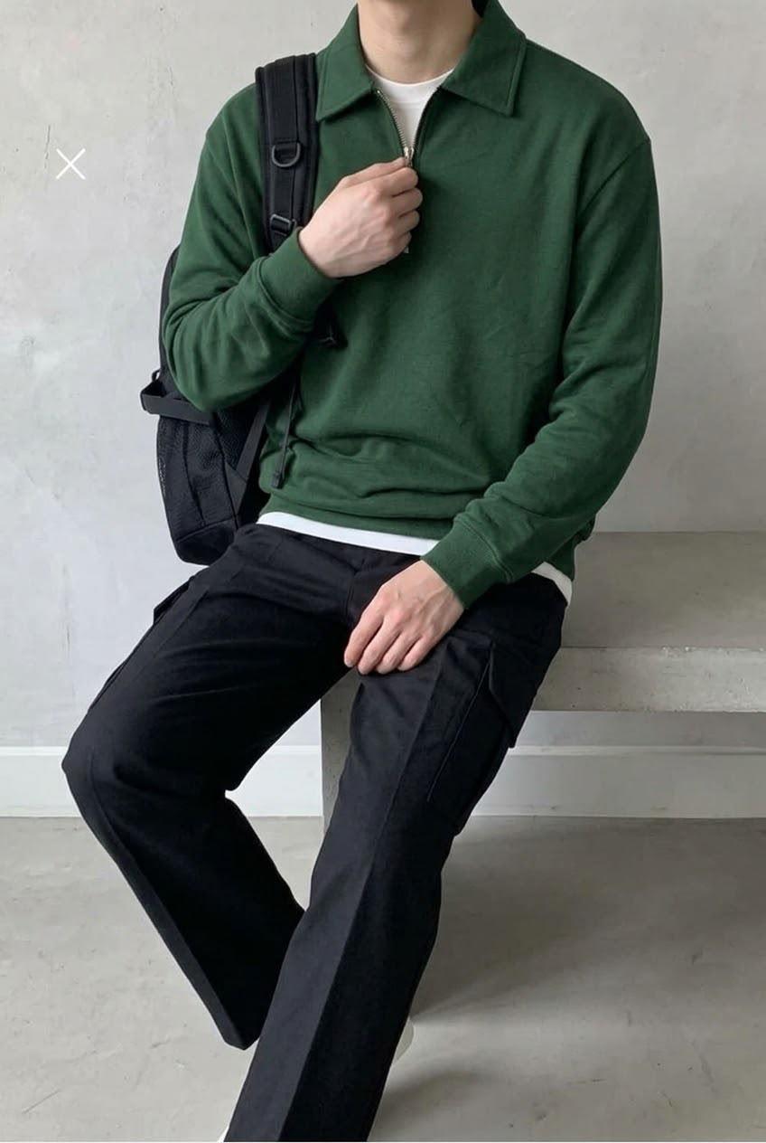 Polx Erkek Polo Yaka Fermuarlı Sweatshirt - Yarım Fermuarlı Rahat Kalıp Düz Renk Sweat