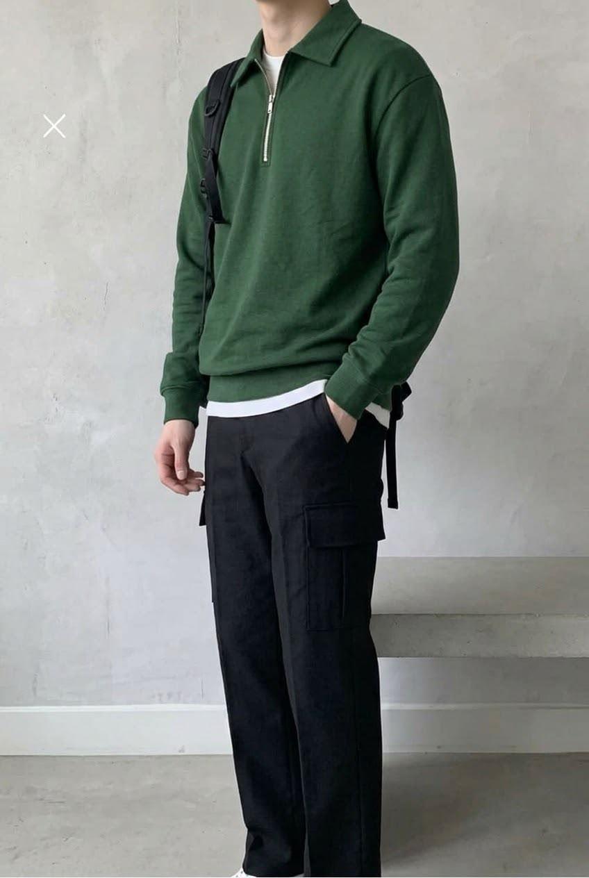 Polx Erkek Polo Yaka Fermuarlı Sweatshirt - Yarım Fermuarlı Rahat Kalıp Düz Renk Sweat
