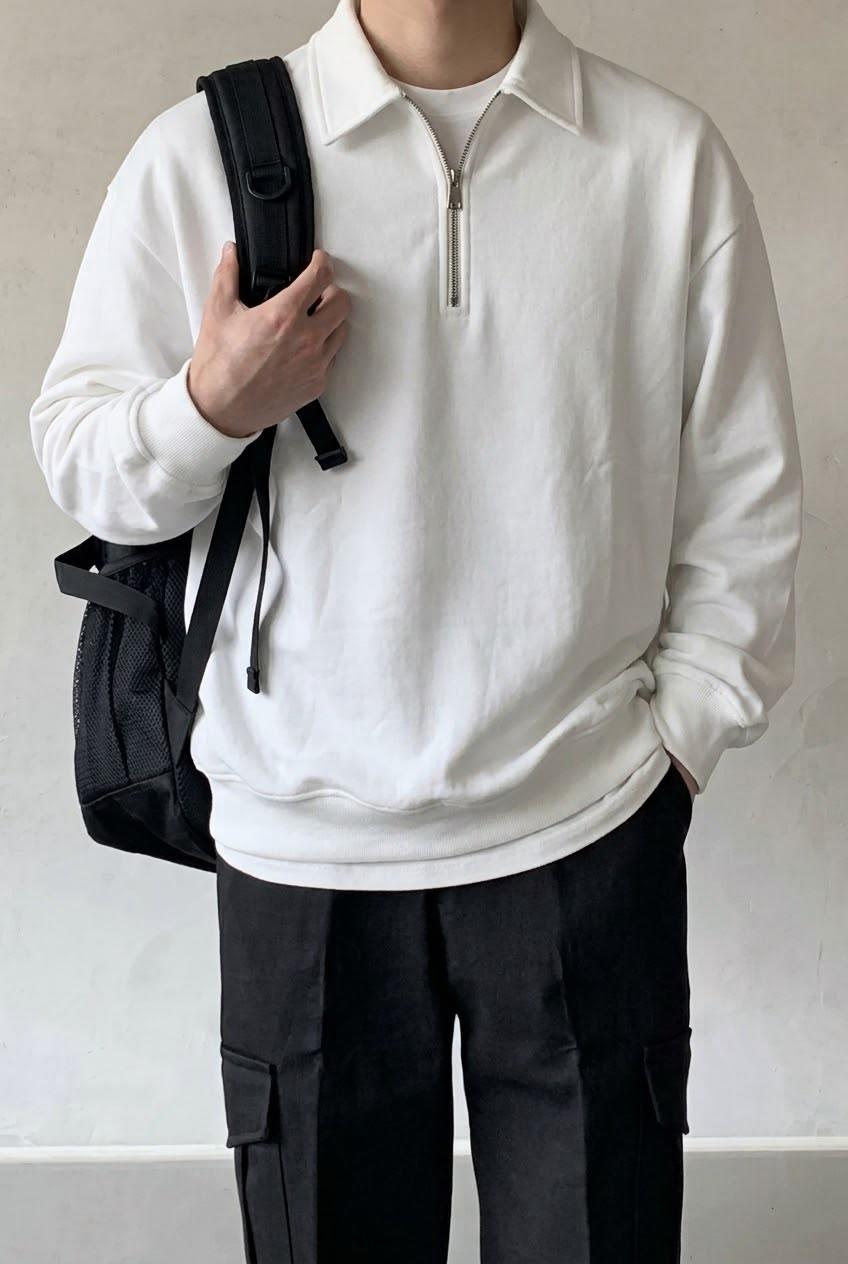 Polx Erkek Polo Yaka Fermuarlı Sweatshirt - Yarım Fermuarlı Rahat Kalıp Düz Renk Sweat