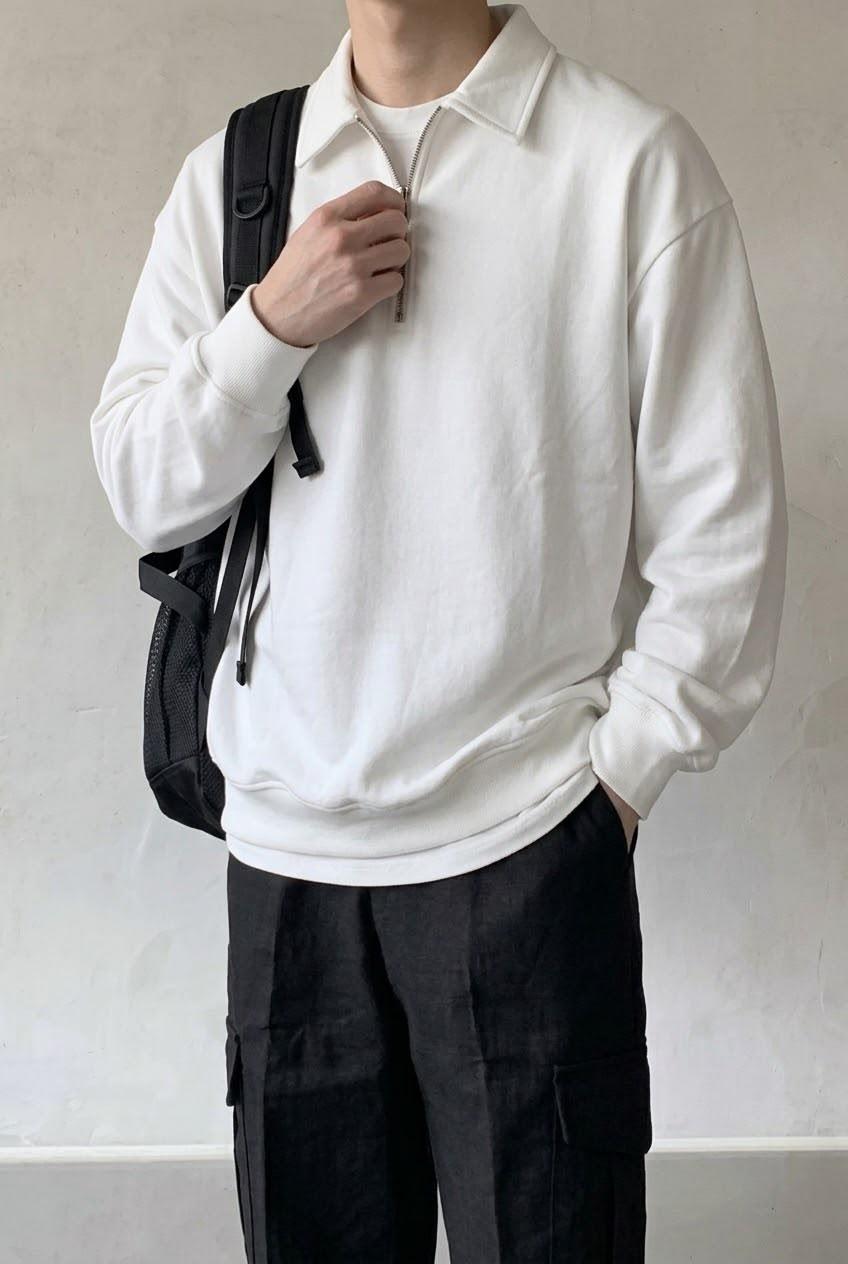 Polx Erkek Polo Yaka Fermuarlı Sweatshirt - Yarım Fermuarlı Rahat Kalıp Düz Renk Sweat