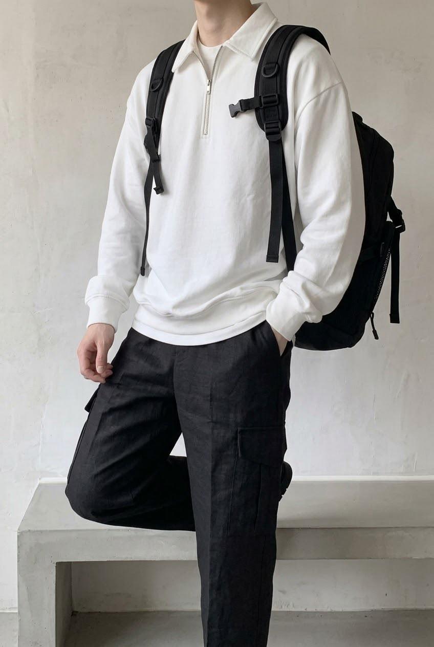 Polx Erkek Polo Yaka Fermuarlı Sweatshirt - Yarım Fermuarlı Rahat Kalıp Düz Renk Sweat