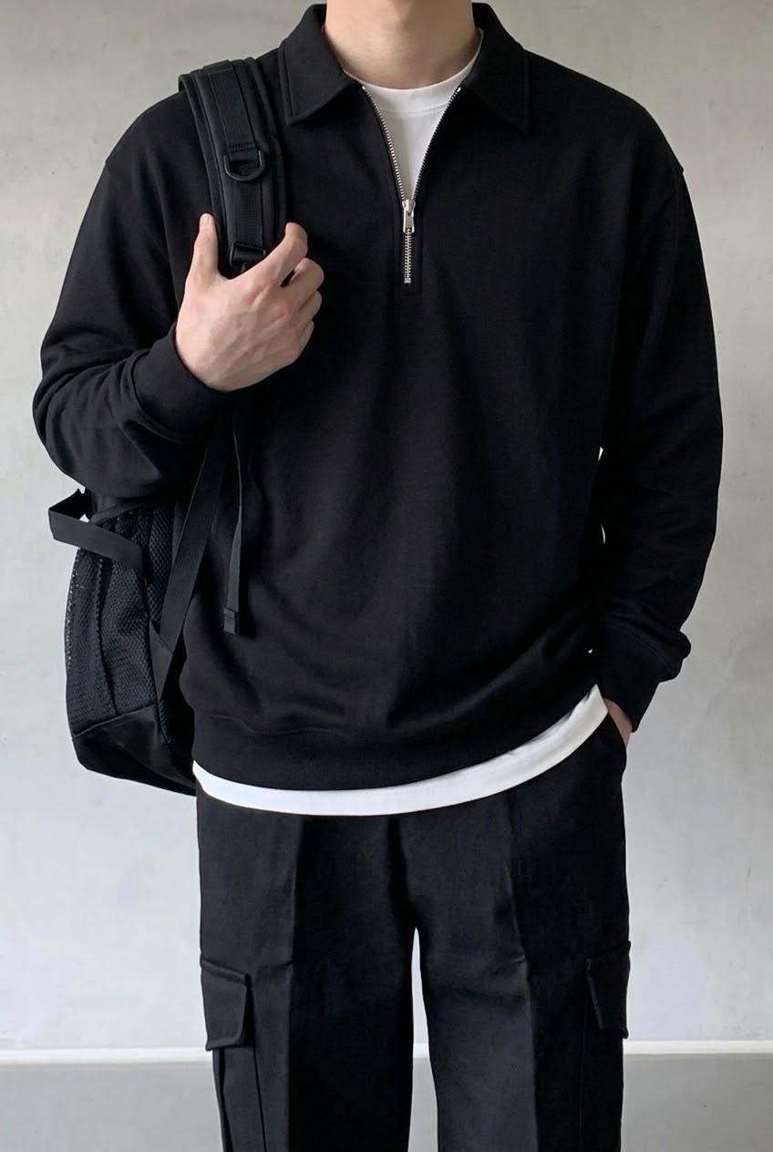 Polx Erkek Polo Yaka Fermuarlı Sweatshirt - Yarım Fermuarlı Rahat Kalıp Düz Renk Sweat