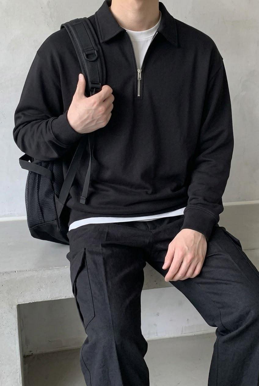 Polx Erkek Polo Yaka Fermuarlı Sweatshirt - Yarım Fermuarlı Rahat Kalıp Düz Renk Sweat