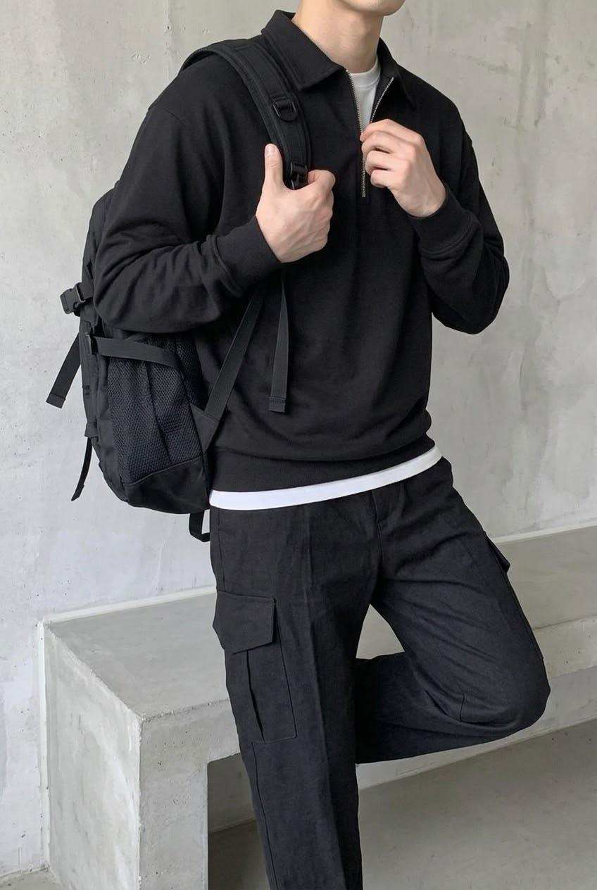 Polx Erkek Polo Yaka Fermuarlı Sweatshirt - Yarım Fermuarlı Rahat Kalıp Düz Renk Sweat