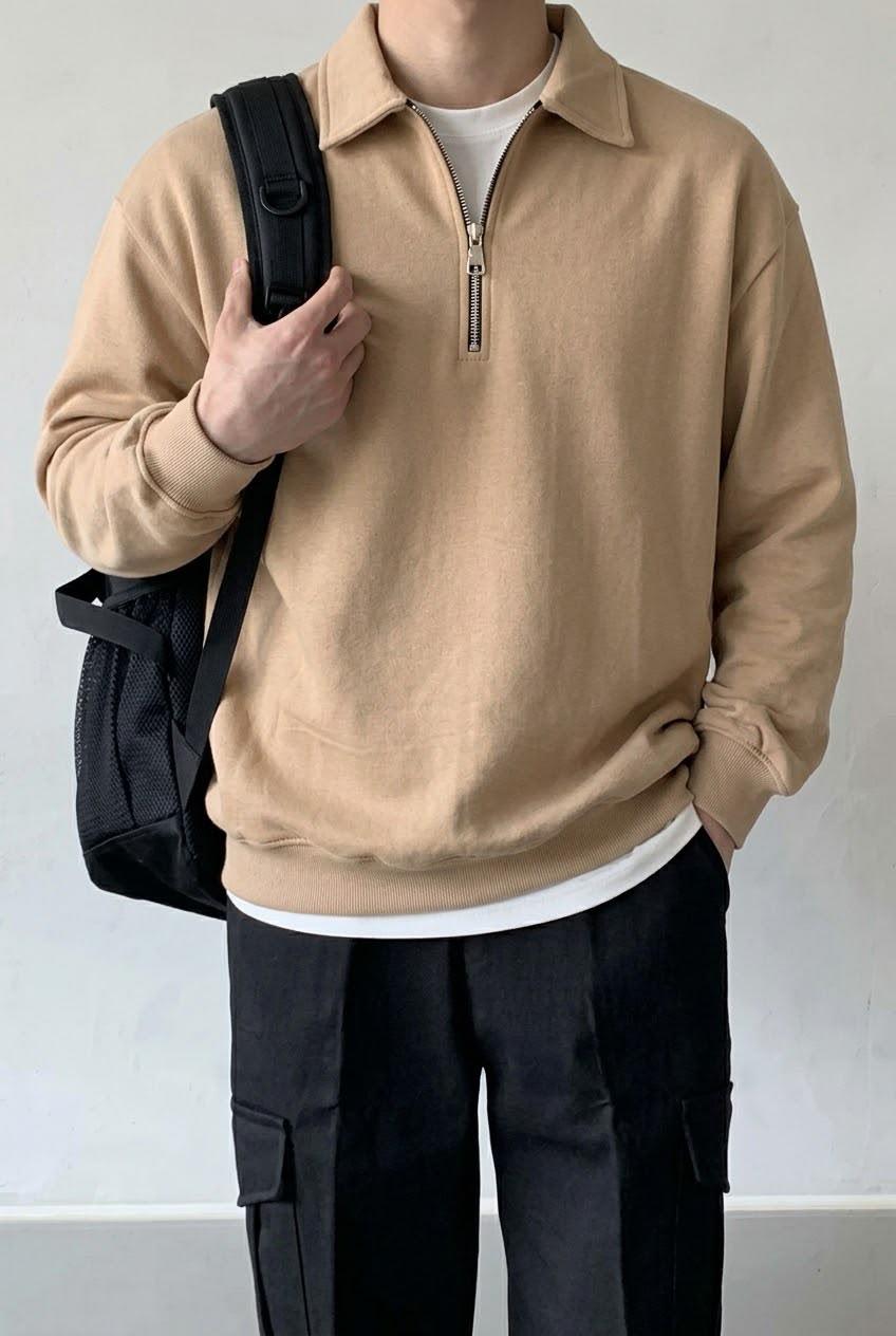 Polx Erkek Polo Yaka Fermuarlı Sweatshirt - Yarım Fermuarlı Rahat Kalıp Düz Renk Sweat