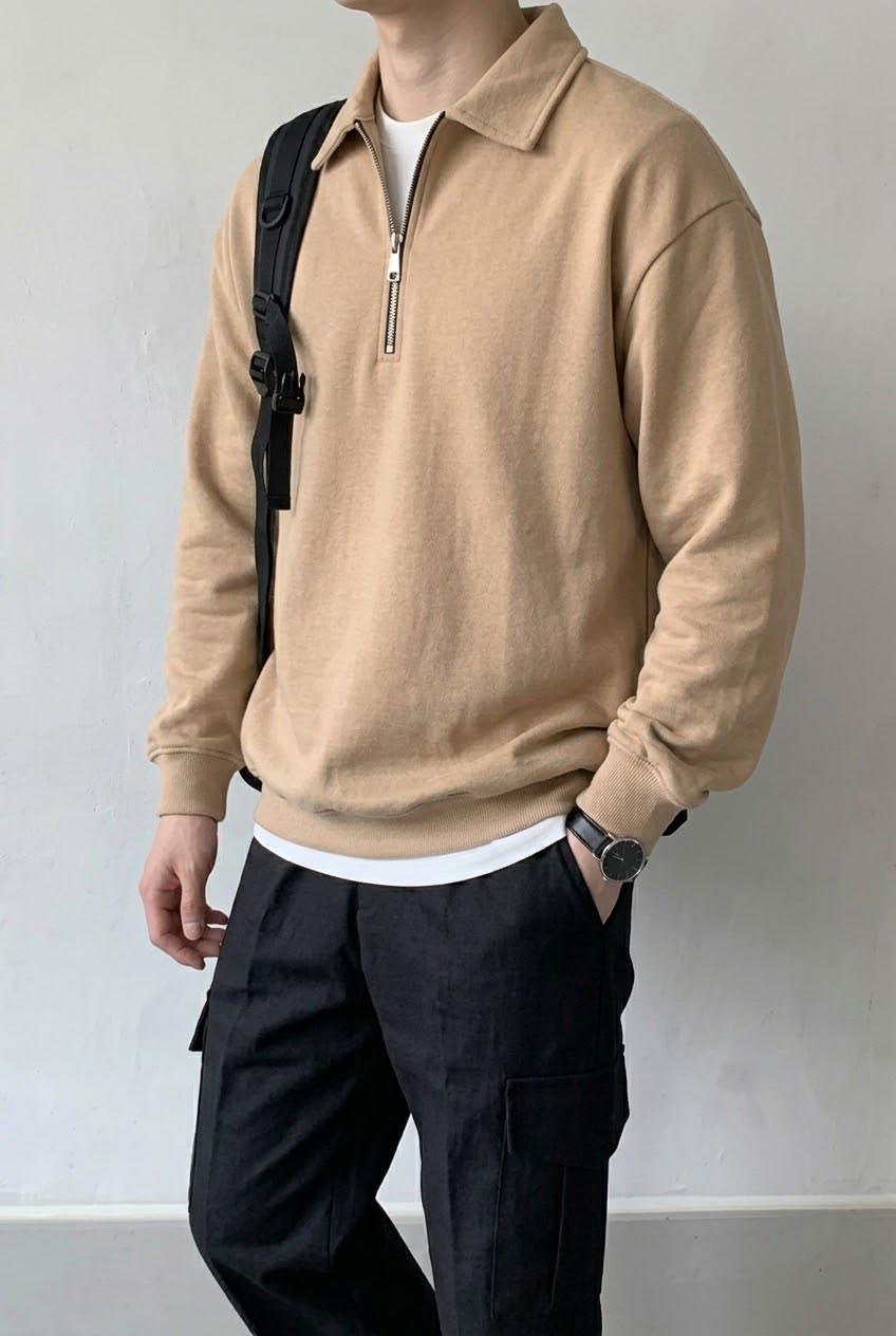Polx Erkek Polo Yaka Fermuarlı Sweatshirt - Yarım Fermuarlı Rahat Kalıp Düz Renk Sweat