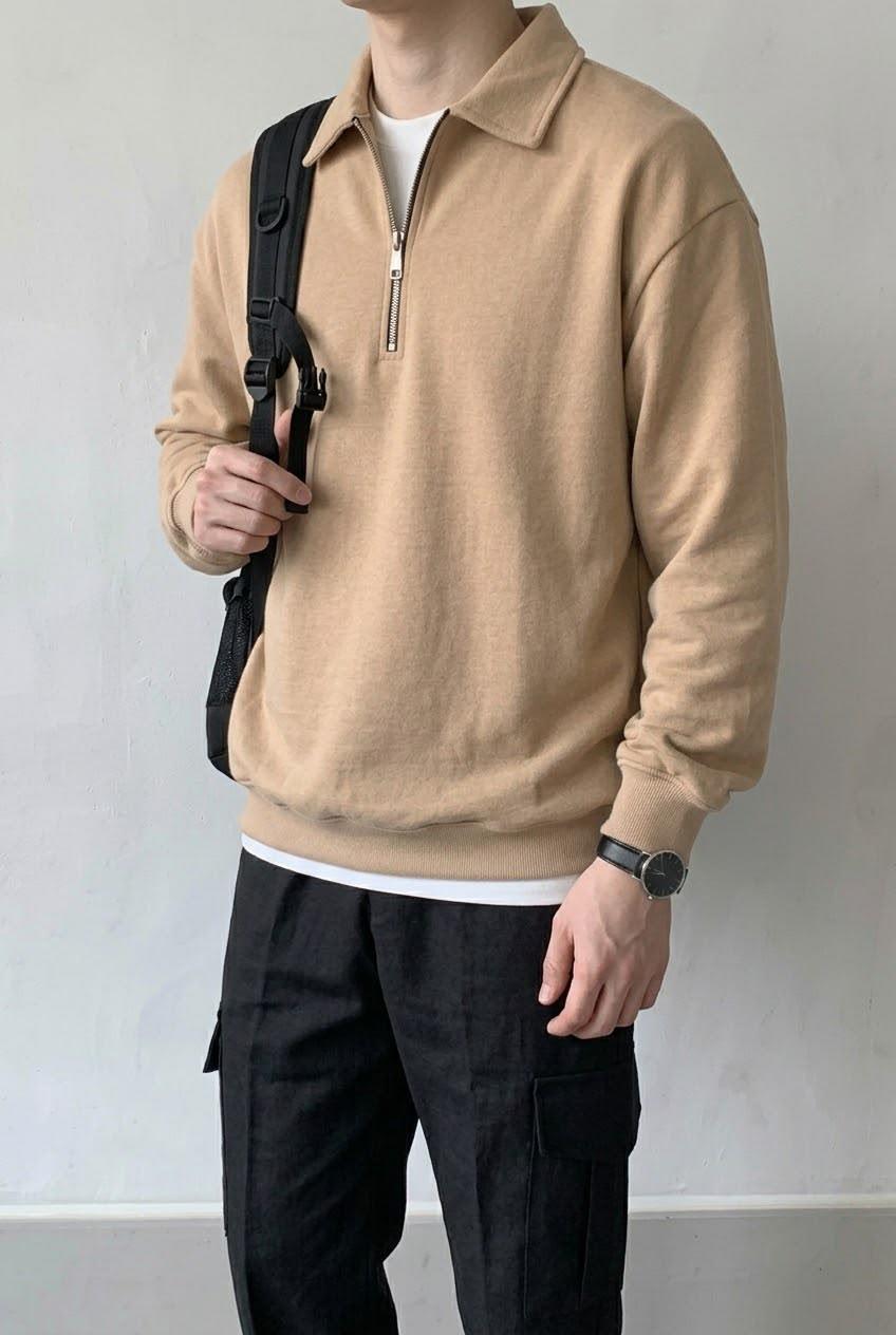 Polx Erkek Polo Yaka Fermuarlı Sweatshirt - Yarım Fermuarlı Rahat Kalıp Düz Renk Sweat