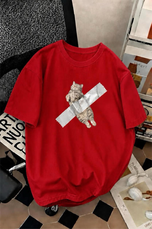 Pop Art Tarzı "Bantlanmış Kedi" Desenli Pamuklu Rahat Unisex Tişört