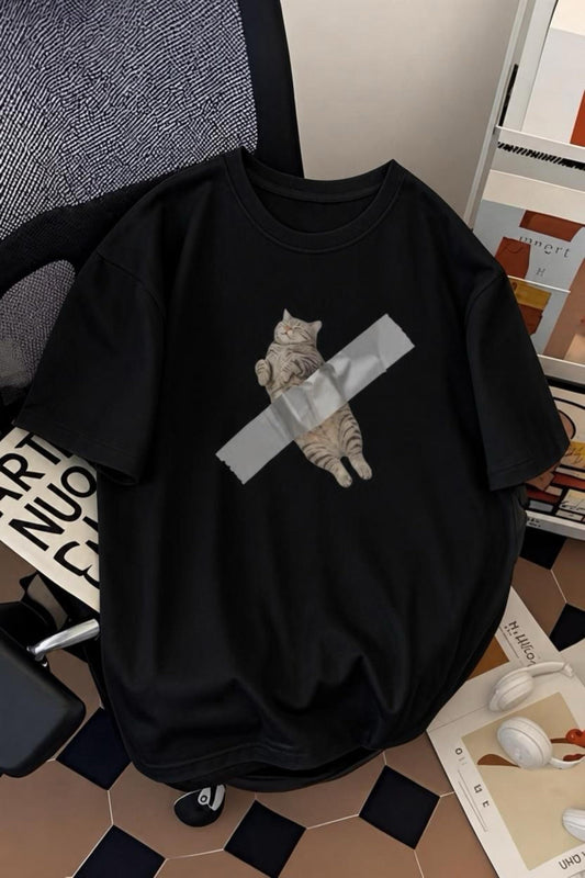 Pop Art Tarzı "Bantlanmış Kedi" Desenli Pamuklu Rahat Unisex Tişört