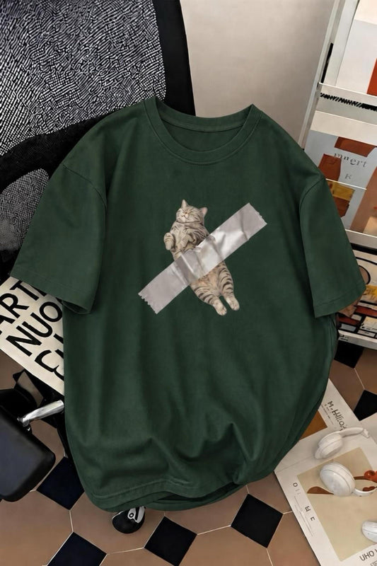 Pop Art Tarzı "Bantlanmış Kedi" Desenli Pamuklu Rahat Unisex Tişört