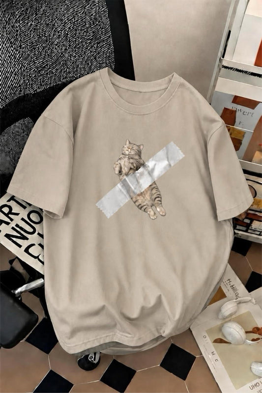 Pop Art Tarzı "Bantlanmış Kedi" Desenli Pamuklu Rahat Unisex Tişört