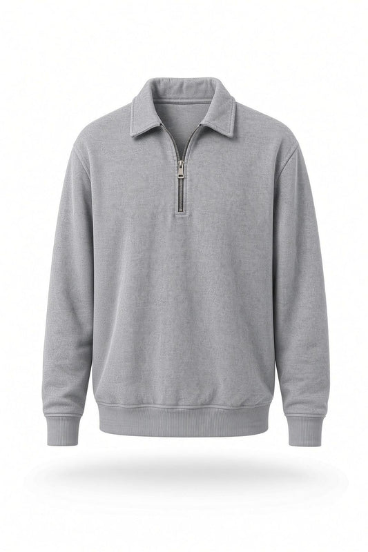 Poylx İki İplik Erkek Polo Yaka Metal Fermuarlı Sweatshirt - Yarım Fermuarlı Rahat Kalıp Düz Renk Sweat