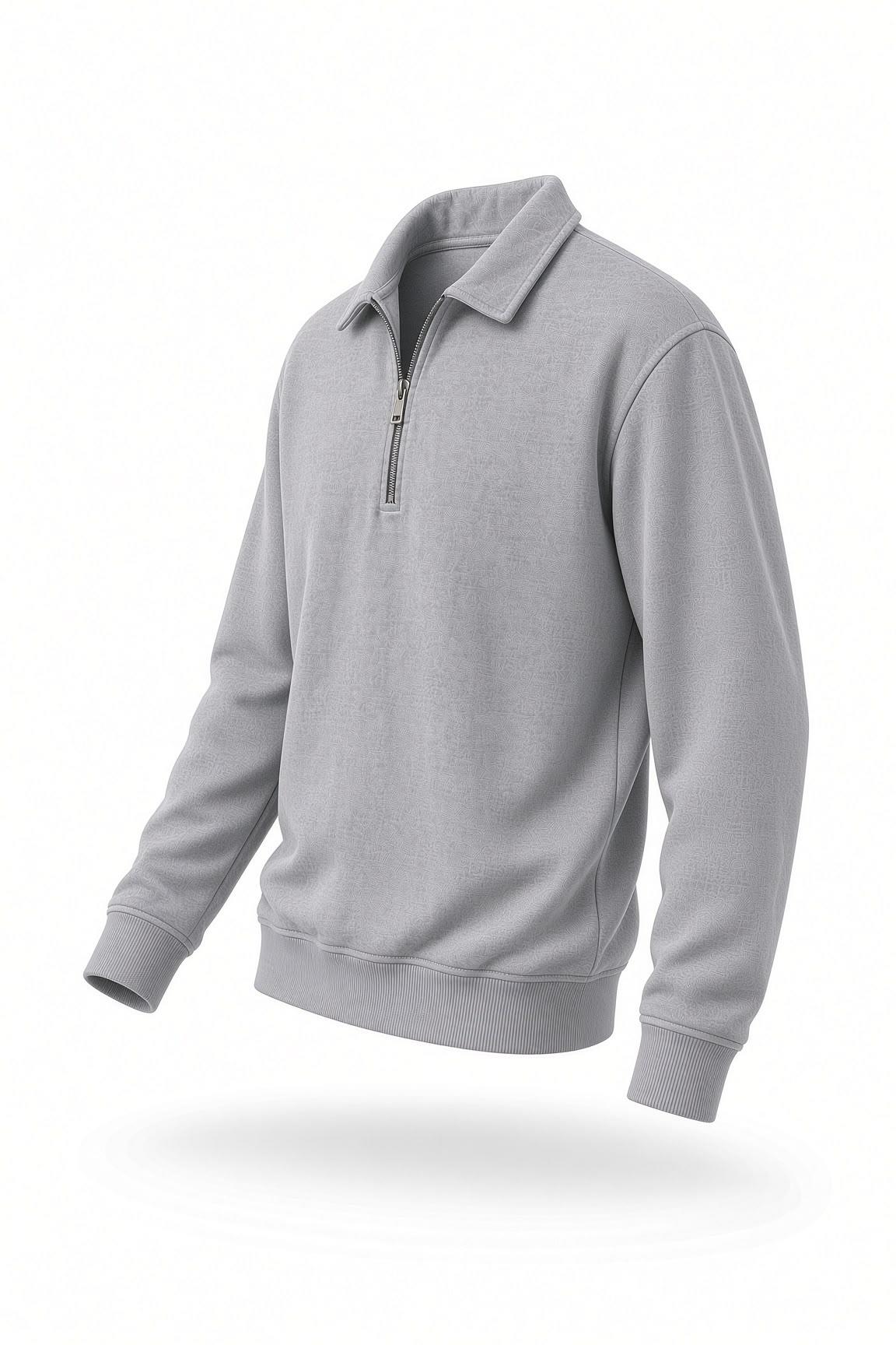 Poylx İki İplik Erkek Polo Yaka Metal Fermuarlı Sweatshirt - Yarım Fermuarlı Rahat Kalıp Düz Renk Sweat