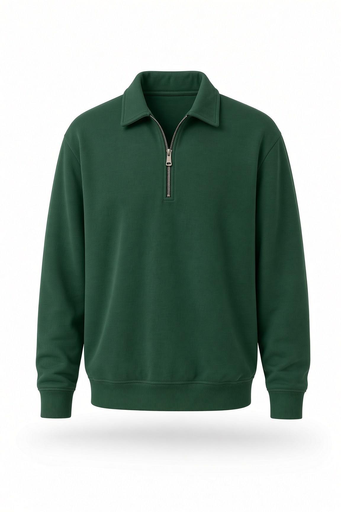 Poylx İki İplik Erkek Polo Yaka Metal Fermuarlı Sweatshirt - Yarım Fermuarlı Rahat Kalıp Düz Renk Sweat